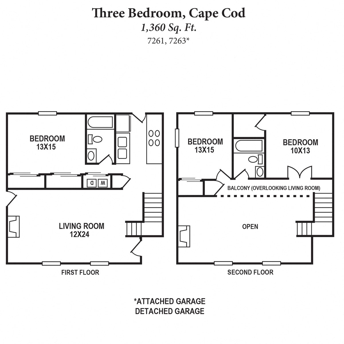Floor plan for 3 beds, 2 baths, 1360 sqft